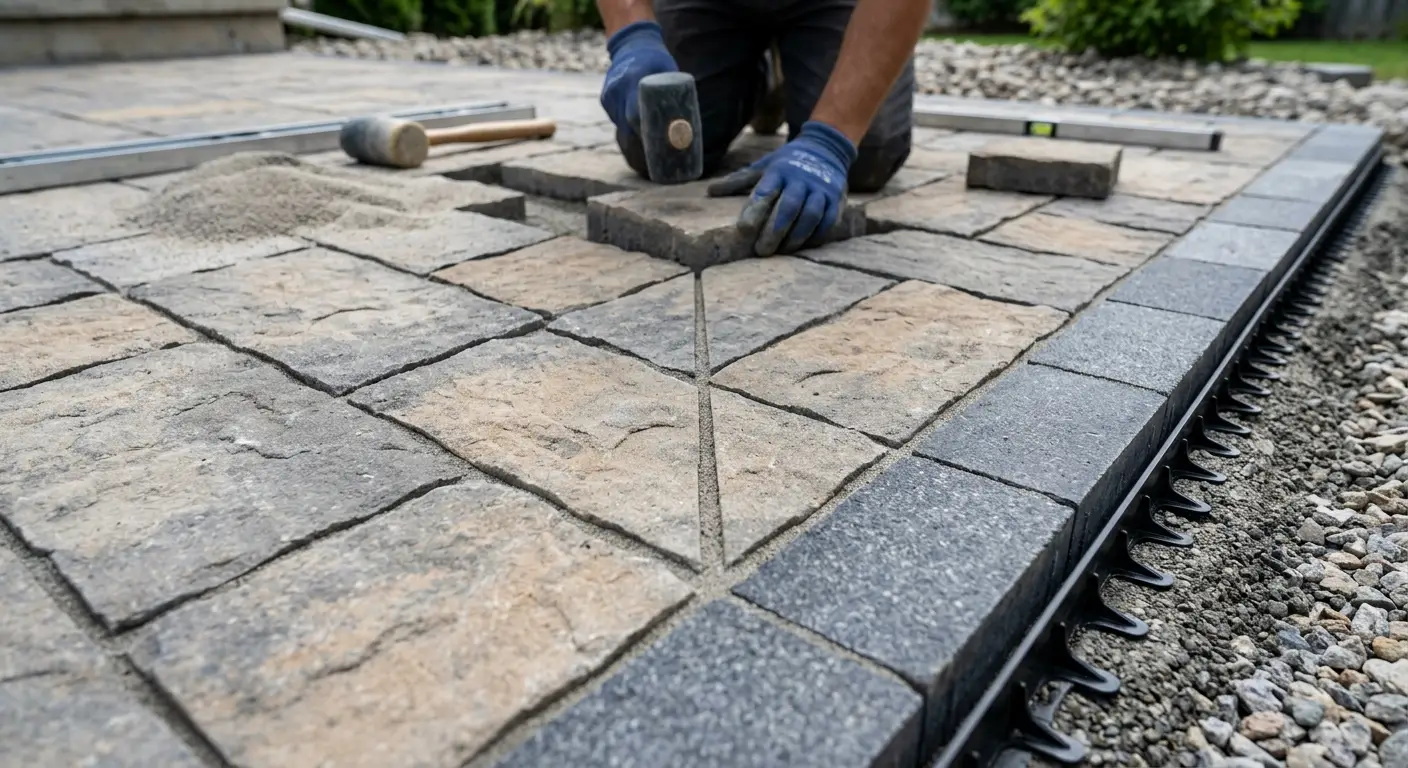 Professional stone paver installation close-up