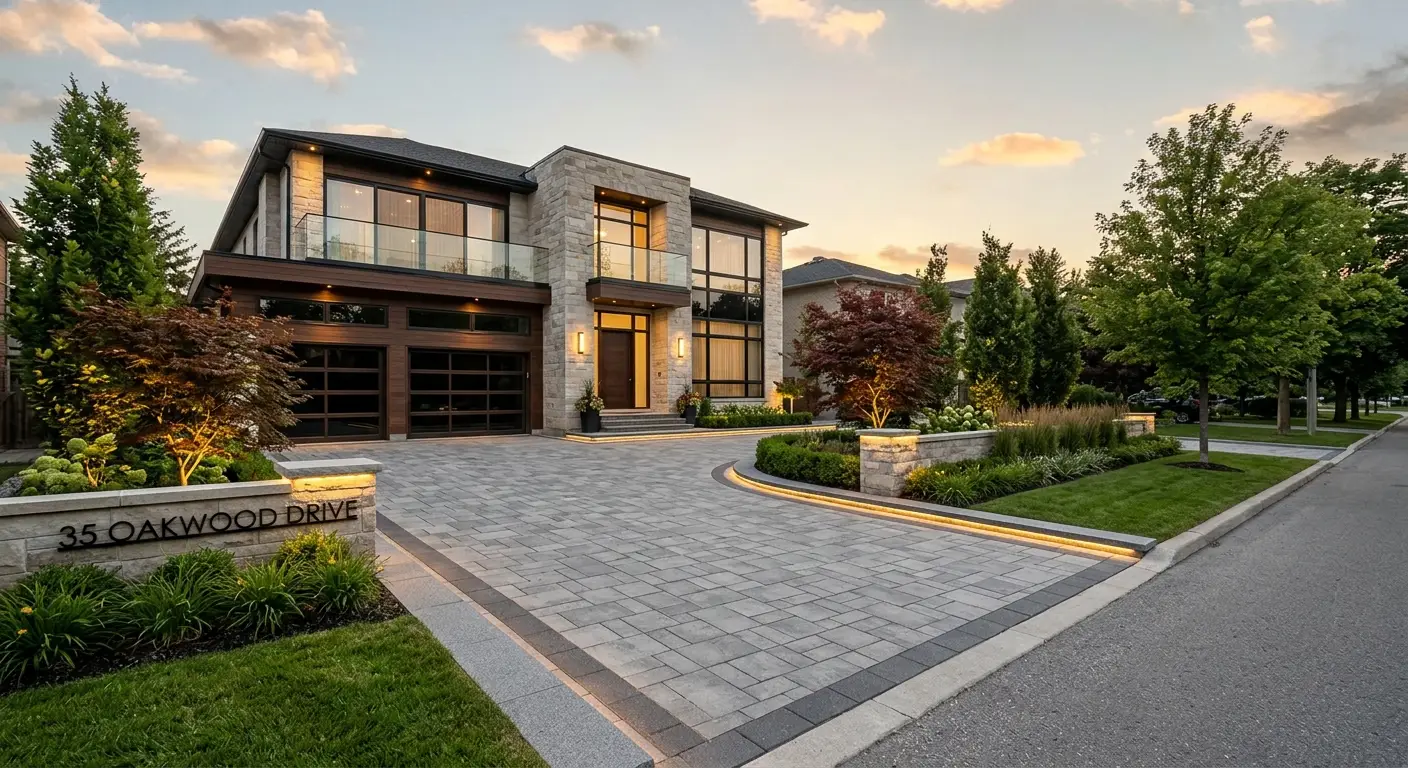 Modern driveway entrance with stone pavers