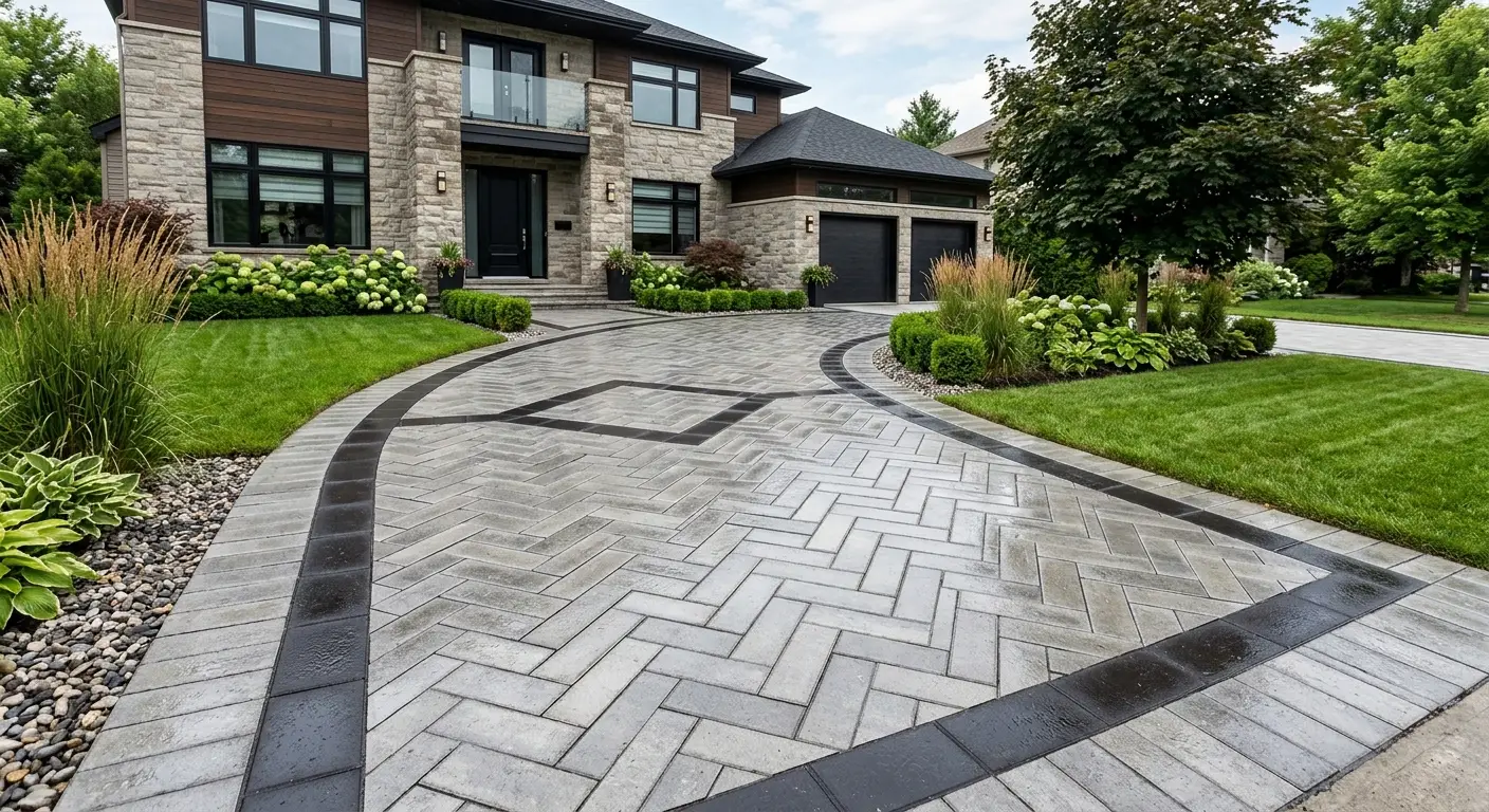 Gray pavers with dark charcoal borders