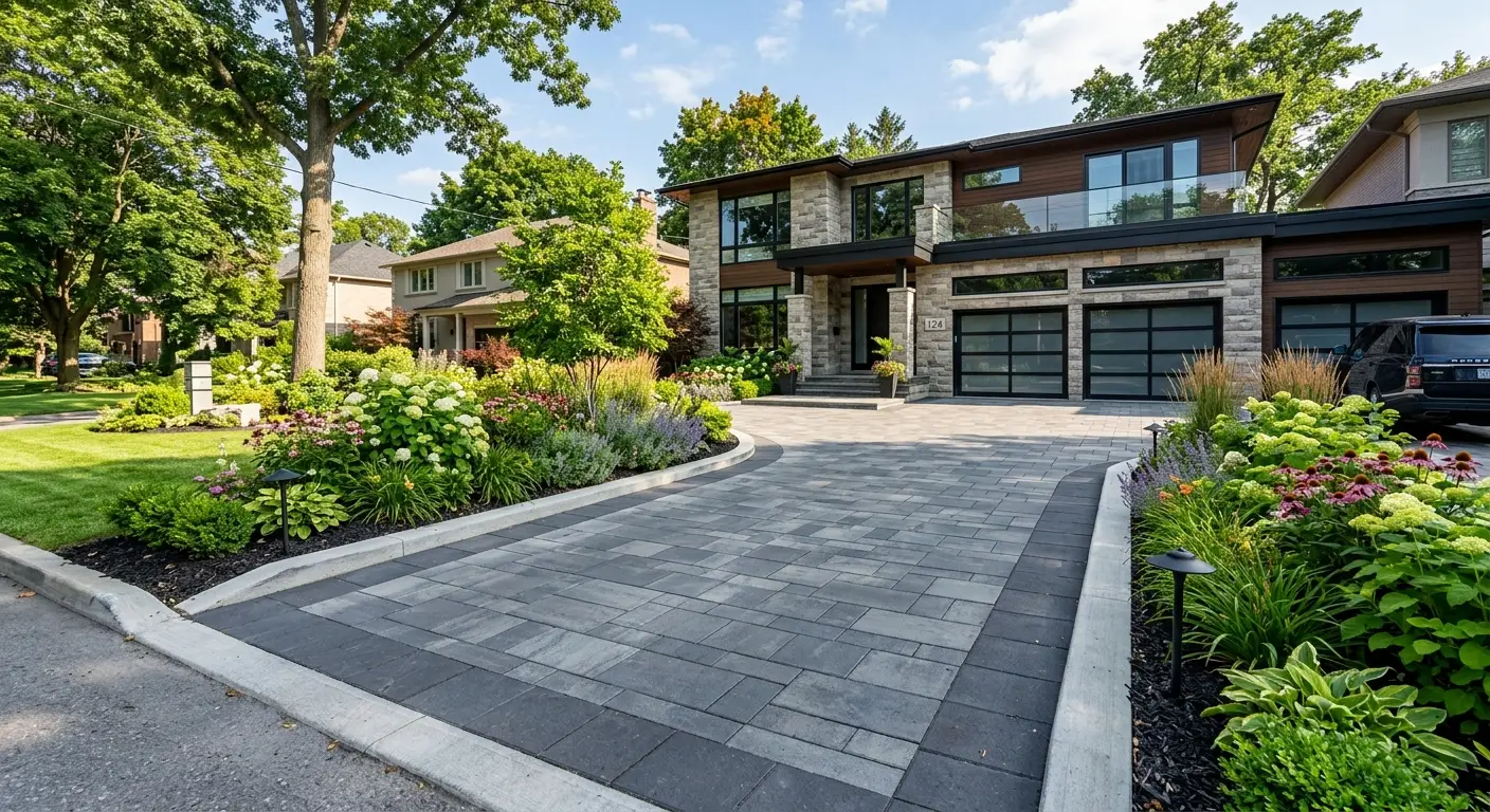 Finished interlocking driveway with landscaping